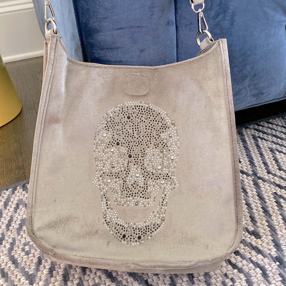 AhDorned Grey Velvet Chrystal Skull Crossbody Bag